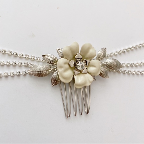 Triple Comb Enamel Bridal Headpeice Crystal Swags - Picture 7 of 11